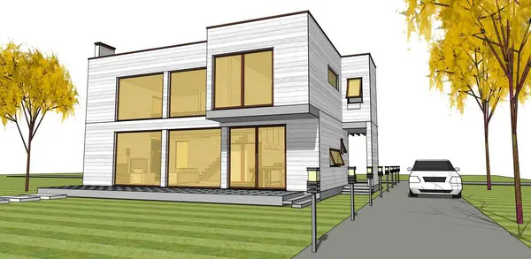 Moden Evi. Mimari çizim. 3d illüstrasyon