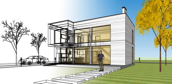 Moden Evi. Mimari çizim. 3d illüstrasyon