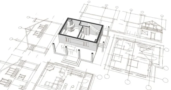 Moden Evi. Mimari çizim. 3d illüstrasyon