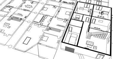 ev mimarisi projesi çizimi 3d illüstrasyon