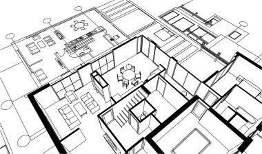 ev mimarisi projesi çizimi 3d illüstrasyon