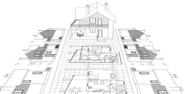 ev mimarisi proje taslağı, 3D illüstrasyon