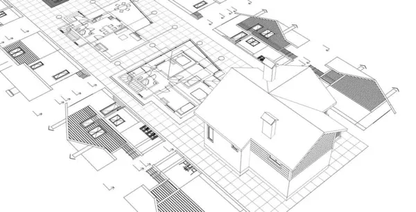 家の建築プロジェクトのスケッチ 3Dイラスト — ストック写真