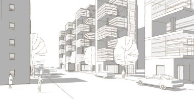 Şehir soyut modüler mimarisi 3D görüntüleme