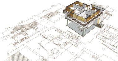 ev mimarisi projesi çizimi 3d illüstrasyon