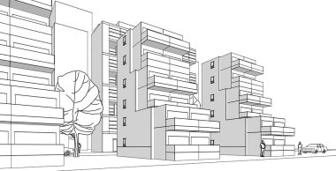 Şehir soyut modüler mimarisi 3D görüntüleme
