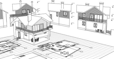 ev mimarisi projesi çizimi 3d illüstrasyon