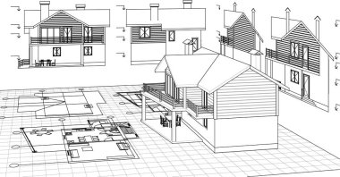 ev mimarisi projesi çizimi 3d illüstrasyon