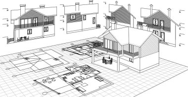 ev mimarisi projesi çizimi 3d illüstrasyon