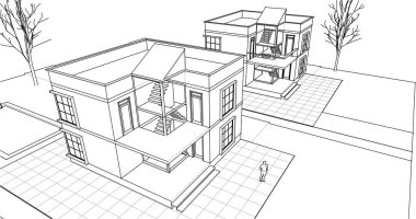 ev mimarisi çizimi 3d illüstrasyon