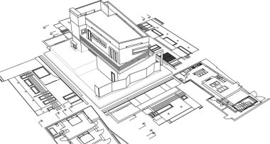 ev mimarisi projesi çizimi 3d illüstrasyon