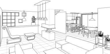 Evin içi. Robot resim. 3d oluşturma