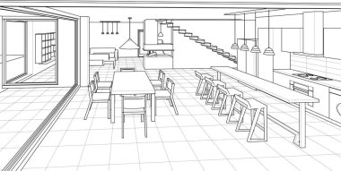 Evin içi. Robot resim. 3d oluşturma