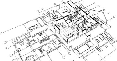 ev mimarisi projesi çizimi 3d illüstrasyon