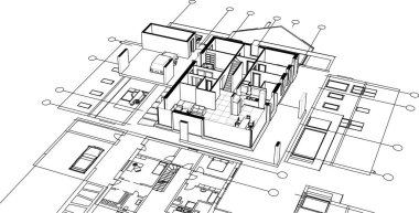 ev mimarisi projesi çizimi 3d illüstrasyon