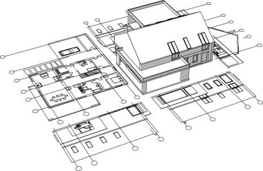 ev mimarisi projesi çizimi 3d illüstrasyon