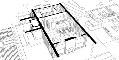 ev mimarisi projesi çizimi 3d illüstrasyon
