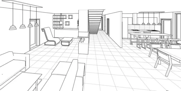 房子的内部素描 3D渲染 — 图库矢量图片