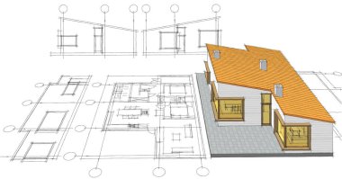 ev mimarisi projesi çizimi 3d illüstrasyon