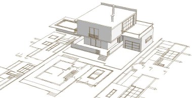 ev mimarisi projesi çizimi 3d illüstrasyon