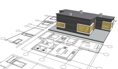 ev mimarisi projesi çizimi 3d illüstrasyon