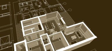 ev mimarisi projesi çizimi 3d illüstrasyon