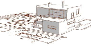 ev mimarisi projesi çizimi 3d illüstrasyon
