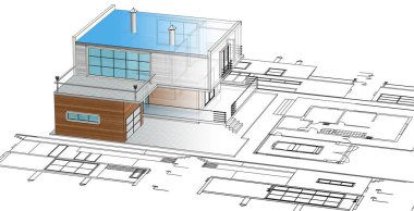 ev mimarisi projesi çizimi 3d illüstrasyon