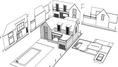 ev mimarisi projesi çizimi 3d illüstrasyon