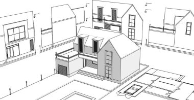 ev mimarisi projesi çizimi 3d illüstrasyon