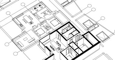ev mimarisi projesi çizimi 3d illüstrasyon