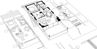 ev mimarisi projesi çizimi 3d illüstrasyon