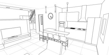 Evin içi. Robot resim. 3d oluşturma