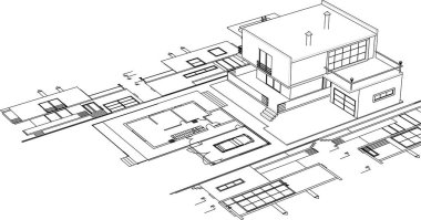 ev mimarisi projesi çizimi 3d illüstrasyon