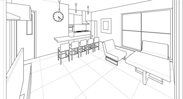 House Interior Sketch Rendering — Stock Vector