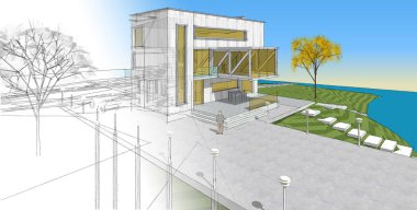 ev mimarisi projesi çizimi 3d illüstrasyon