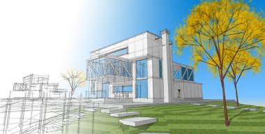 ev mimarisi projesi çizimi 3d illüstrasyon