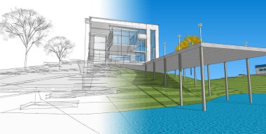 ev mimarisi projesi çizimi 3d illüstrasyon