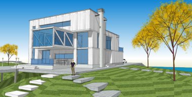 ev mimarisi projesi çizimi 3d illüstrasyon