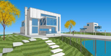 ev mimarisi projesi çizimi 3d illüstrasyon