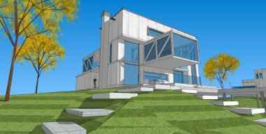 ev mimarisi projesi çizimi 3d illüstrasyon