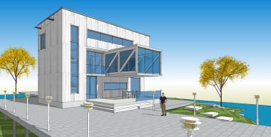 ev mimarisi projesi çizimi 3d illüstrasyon