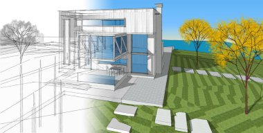 ev mimarisi projesi çizimi 3d illüstrasyon