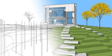 ev mimarisi projesi çizimi 3d illüstrasyon