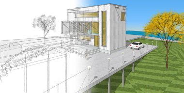 ev mimarisi projesi çizimi 3d illüstrasyon