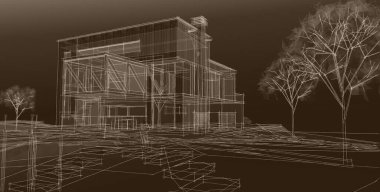 ev mimarisi projesi çizimi 3d illüstrasyon
