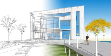 ev mimarisi projesi çizimi 3d illüstrasyon