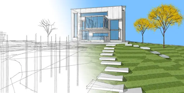 ev mimarisi projesi çizimi 3d illüstrasyon