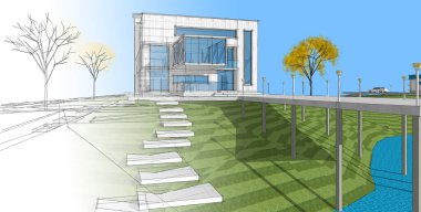 ev mimarisi projesi çizimi 3d illüstrasyon