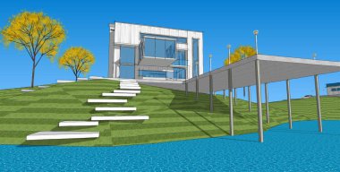 ev mimarisi projesi çizimi 3d illüstrasyon